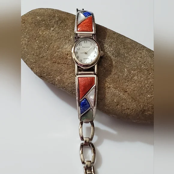 Vintage Navajo native gemstone inlay watch bracelet lapis coral MOP abalone Vintage Navajo native gemstone inlay watch bracelet lapis  main image 3